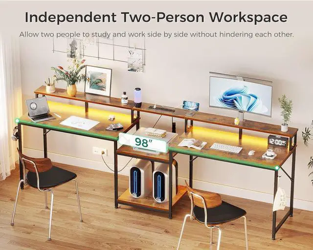 Alt view image 3 of 7 - 98" 2 Person Gaming Desk with Storage Shelves- Long Double Home Office Computer Desks with USB Charging Port & LED Lights, Writing Desk with Monitor Stand, Modern Study/Work Table, Rustic Brown