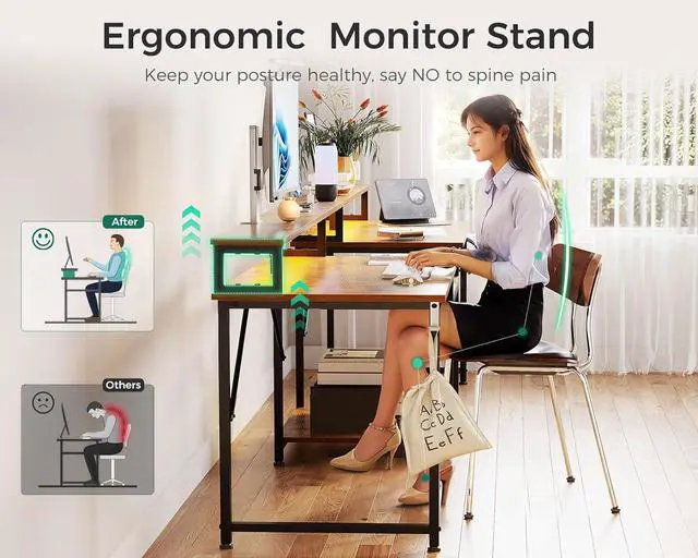 Alt view image 7 of 7 - 98" 2 Person Gaming Desk with Storage Shelves- Long Double Home Office Computer Desks with USB Charging Port & LED Lights, Writing Desk with Monitor Stand, Modern Study/Work Table, Rustic Brown