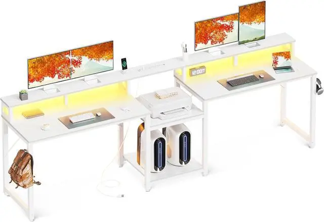 Main image of 98" 2 Person Gaming Desk with Storage Shelves- Long Double Home Office Computer Desks with USB Charging Port & LED Lights, Writing Desk with Monitor Stand, Modern Study/Work Table, White