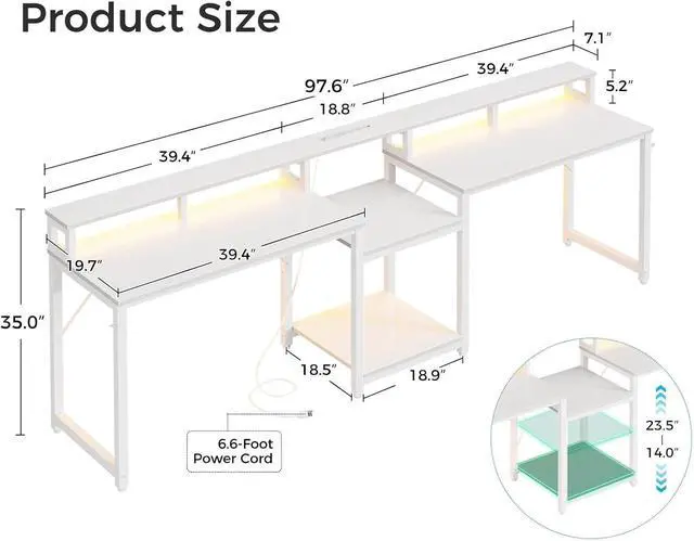 Alt view image 2 of 7 - 98" 2 Person Gaming Desk with Storage Shelves- Long Double Home Office Computer Desks with USB Charging Port & LED Lights, Writing Desk with Monitor Stand, Modern Study/Work Table, White