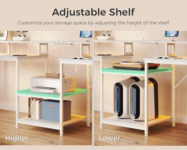 Alt view image 6 of 7 - 98" 2 Person Gaming Desk with Storage Shelves- Long Double Home Office Computer Desks with USB Charging Port & LED Lights, Writing Desk with Monitor Stand, Modern Study/Work Table, White