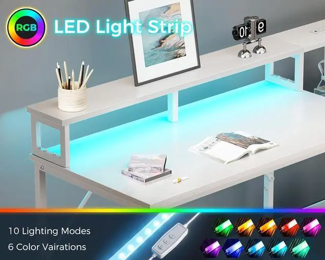 Alt view image 5 of 7 - 98" 2 Person Gaming Desk with Storage Shelves- Long Double Home Office Computer Desks with USB Charging Port & LED Lights, Writing Desk with Monitor Stand, Modern Study/Work Table, White