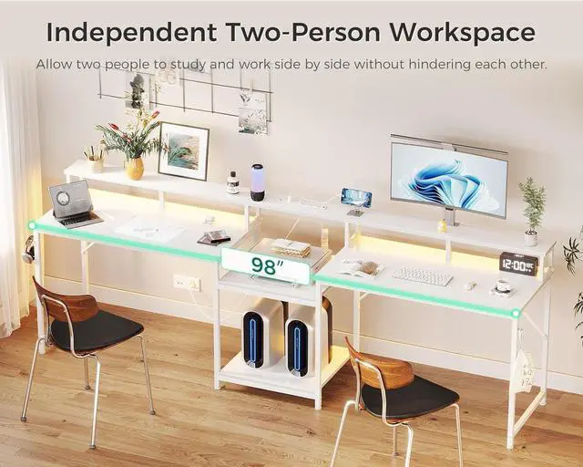 Alt view image 3 of 7 - 98" 2 Person Gaming Desk with Storage Shelves- Long Double Home Office Computer Desks with USB Charging Port & LED Lights, Writing Desk with Monitor Stand, Modern Study/Work Table, White