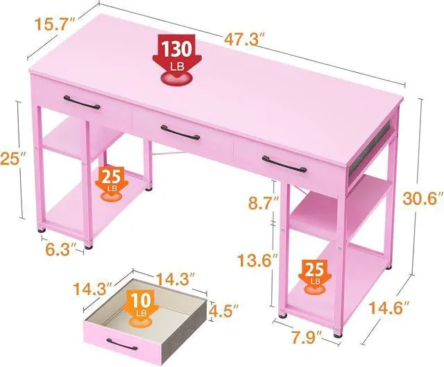 Alt view image 3 of 6 - Office Small Computer Desk: Home Table with Fabric Drawers & Storage Shelves, Modern Writing Desk, Grey Oak, 48"x16" - Pink (No Mirror)