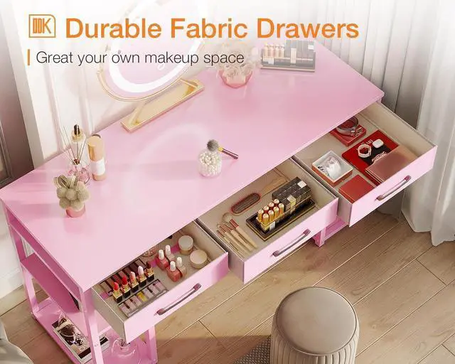 Alt view image 4 of 6 - Office Small Computer Desk: Home Table with Fabric Drawers & Storage Shelves, Modern Writing Desk, Grey Oak, 48"x16" - Pink (No Mirror)