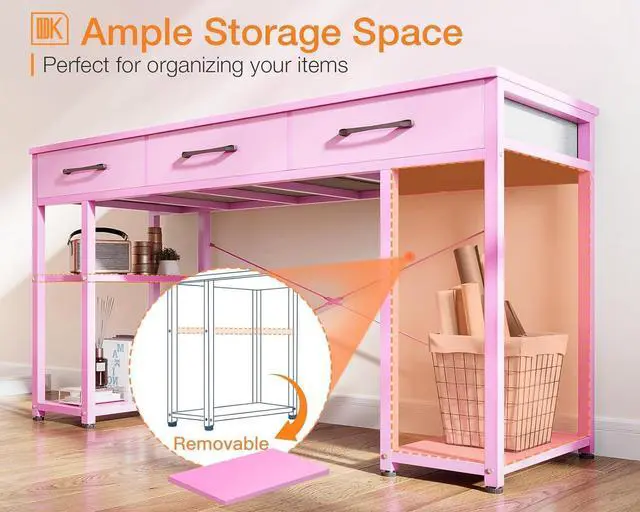 Alt view image 5 of 6 - Office Small Computer Desk: Home Table with Fabric Drawers & Storage Shelves, Modern Writing Desk, Grey Oak, 48"x16" - Pink (No Mirror)