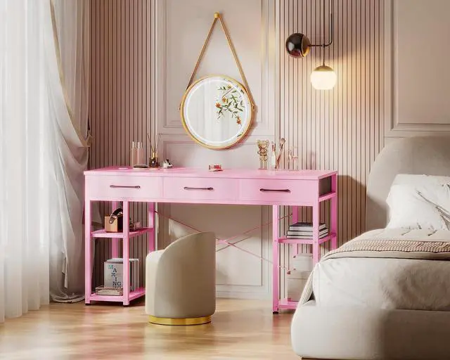 Alt view image 2 of 6 - Office Small Computer Desk: Home Table with Fabric Drawers & Storage Shelves, Modern Writing Desk, Grey Oak, 48"x16" - Pink (No Mirror)