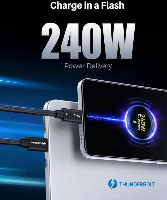 Alt view image 4 of 6 - Cable Matters [Intel Certified] 40Gbps Thunderbolt 4 Cable 1ft with 8K Video and 240W Charging - 1m, Compatible with USB4, Thunderbolt 3 Cable and USB-C Black