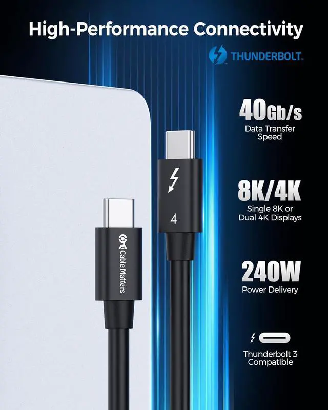 Alt view image 2 of 6 - Cable Matters [Intel Certified] 40Gbps Thunderbolt 4 Cable 1ft with 8K Video and 240W Charging - 1m, Compatible with USB4, Thunderbolt 3 Cable and USB-C Black