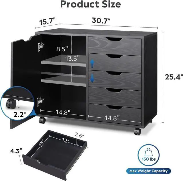 Alt view image 2 of 7 - 5-Drawer Wood Dresser Chest with Door, Mobile Storage Cabinet, Printer Stand for Home Office, Black