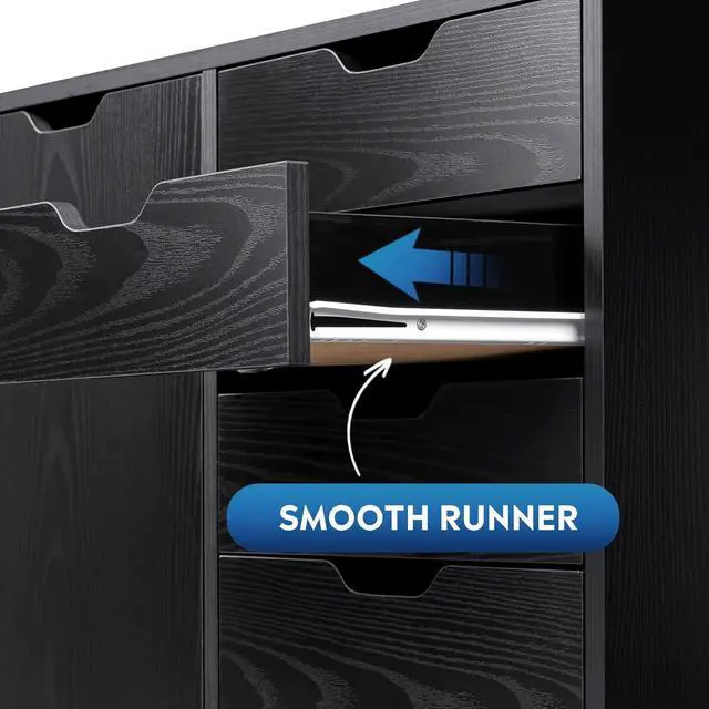 Alt view image 5 of 7 - 5-Drawer Wood Dresser Chest with Door, Mobile Storage Cabinet, Printer Stand for Home Office, Black
