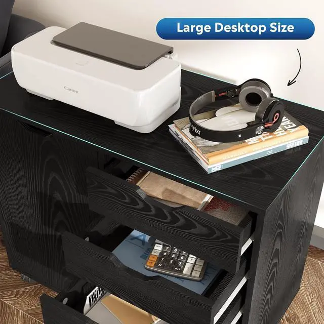 Alt view image 3 of 7 - 5-Drawer Wood Dresser Chest with Door, Mobile Storage Cabinet, Printer Stand for Home Office, Black
