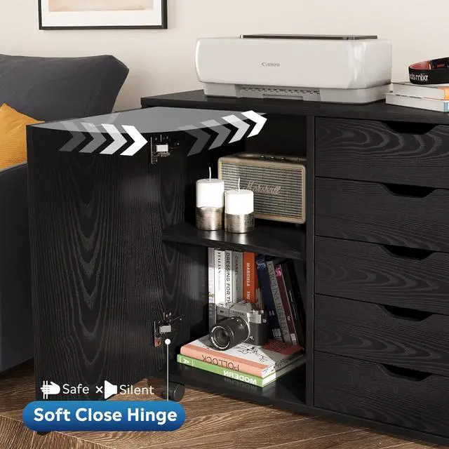 Alt view image 6 of 7 - 5-Drawer Wood Dresser Chest with Door, Mobile Storage Cabinet, Printer Stand for Home Office, Black