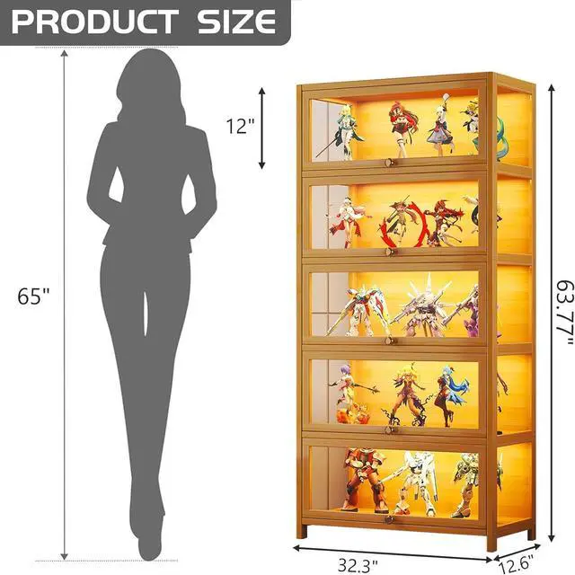 Alt view image 2 of 5 - Curio Display Cabinet with Acrylic Glass Doors, 5-Tier Display Case, Collectibles Toy Organizers Rack & Display Shelf, Kids Bookcase for Home, Playroom, Living Room - Brown