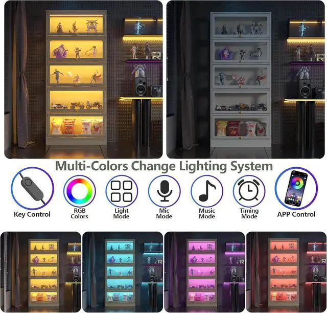 Alt view image 4 of 7 - Display Cabinet with Acrylic Glass Doors,5-Tiers Curio Cabinet with LED Lighting for Collectibles, Collectibles Toy Organizers Rack & Display Shelf Display Case Storage Cabinet, White