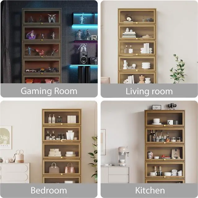 Alt view image 6 of 7 - Display Cabinet with Acrylic Glass Doors,5-Tiers Curio Cabinet with LED Lighting for Collectibles, Collectibles Toy Organizers Rack & Display Shelf Display Case Storage Cabinet, Natural