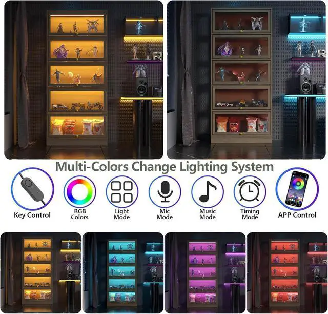 Alt view image 4 of 7 - Display Cabinet with Acrylic Glass Doors,5-Tiers Curio Cabinet with LED Lighting for Collectibles, Collectibles Toy Organizers Rack & Display Shelf Display Case Storage Cabinet, Natural