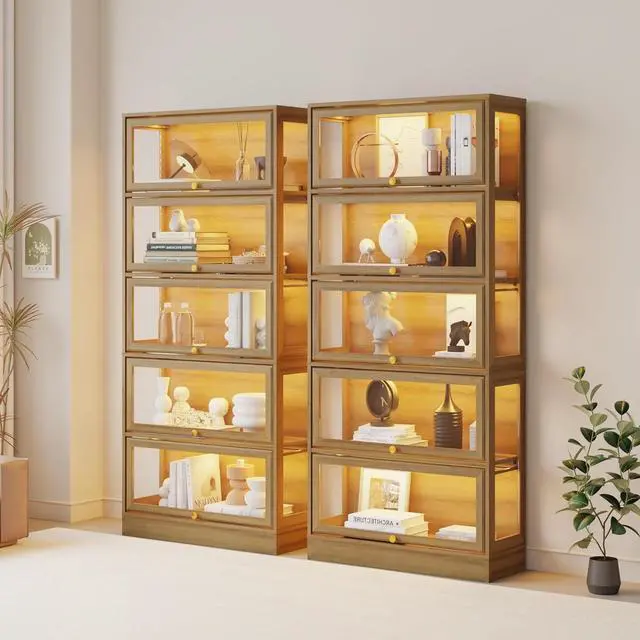 Alt view image 3 of 7 - Display Cabinet with Acrylic Glass Doors,5-Tiers Curio Cabinet with LED Lighting for Collectibles, Collectibles Toy Organizers Rack & Display Shelf Display Case Storage Cabinet, Natural