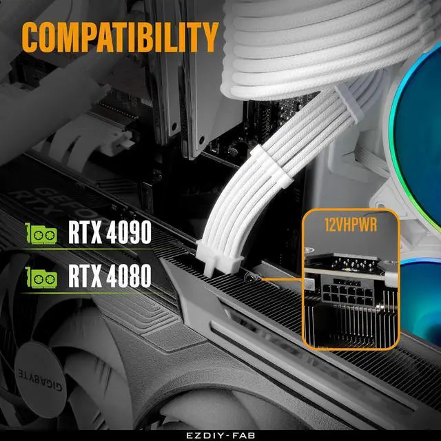 Alt view image 6 of 7 - GPU Power Sleeved Cable Extension, 16pin(12+4) 12VHPWR PCIe 5.0 Connector Male to 4X PCIE 8 PIN for RTX 3090Ti/RTX4090/RTX4080, with Pre-Installed Cable Combs-16AWG/White