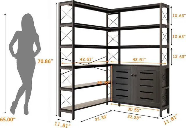 Alt view image 2 of 7 - 6-Shelf Corner Bookshelf, Vintage Industrial Corner Shelf Etagere Bookcase, Large Book Shelf with Metal Frame Open Storage Corner Cabinet (Black-Lockers, Large)