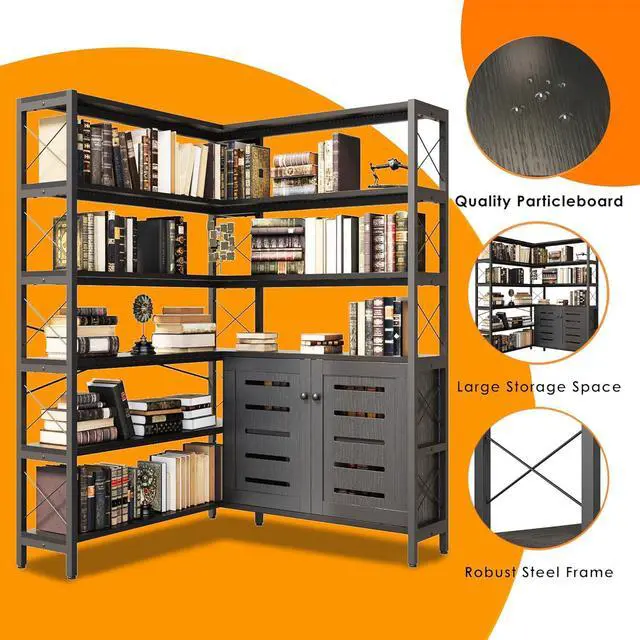 Alt view image 4 of 7 - 6-Shelf Corner Bookshelf, Vintage Industrial Corner Shelf Etagere Bookcase, Large Book Shelf with Metal Frame Open Storage Corner Cabinet (Black-Lockers, Large)