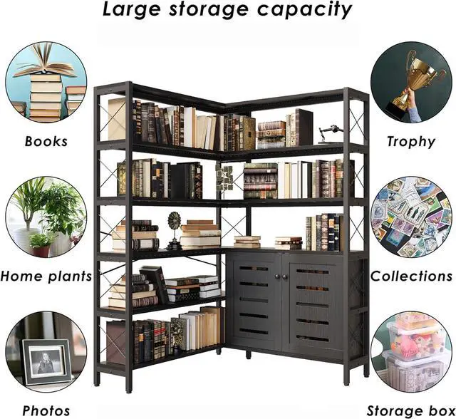 Alt view image 6 of 7 - 6-Shelf Corner Bookshelf, Vintage Industrial Corner Shelf Etagere Bookcase, Large Book Shelf with Metal Frame Open Storage Corner Cabinet (Black-Lockers, Large)