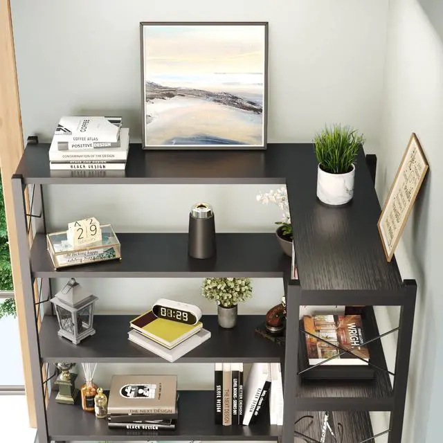 Alt view image 7 of 7 - 6-Shelf Corner Bookshelf, Vintage Industrial Corner Shelf Etagere Bookcase, Large Book Shelf with Metal Frame Open Storage Corner Cabinet (Black-Lockers, Large)