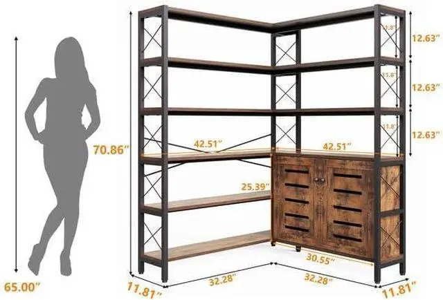 Alt view image 3 of 7 - 6-Shelf Corner Bookshelf, Vintage Industrial Corner Shelf Etagere Bookcase, Large Book Shelf with Metal Frame Open Storage Corner Cabinet (Brown-Lockers, Large)