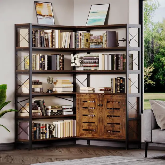 Alt view image 6 of 7 - 6-Shelf Corner Bookshelf, Vintage Industrial Corner Shelf Etagere Bookcase, Large Book Shelf with Metal Frame Open Storage Corner Cabinet (Brown-Lockers, Large)