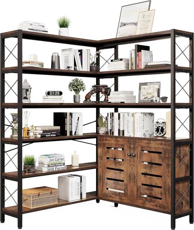 Main image of 6-Shelf Corner Bookshelf, Vintage Industrial Corner Shelf Etagere Bookcase, Large Book Shelf with Metal Frame Open Storage Corner Cabinet (Brown-Lockers, Large)