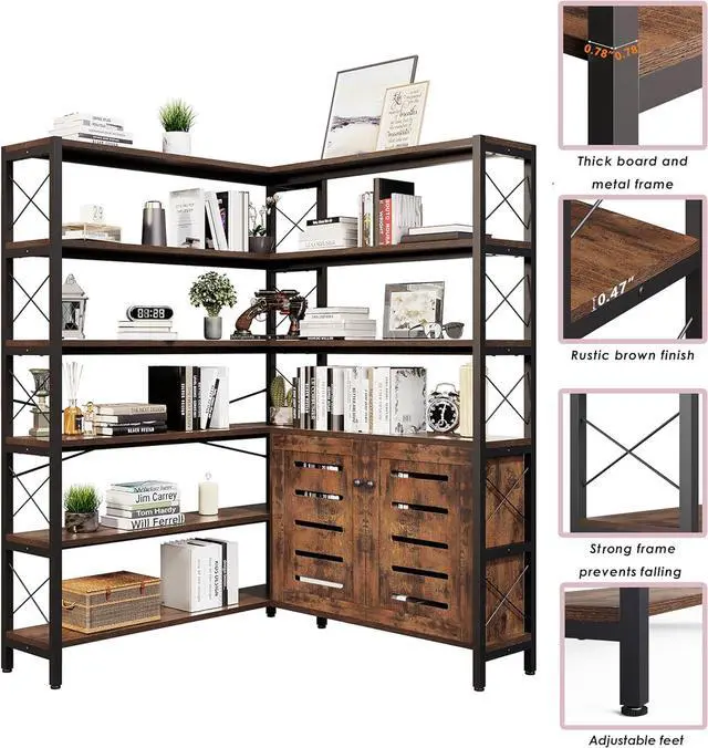 Alt view image 4 of 7 - 6-Shelf Corner Bookshelf, Vintage Industrial Corner Shelf Etagere Bookcase, Large Book Shelf with Metal Frame Open Storage Corner Cabinet (Brown-Lockers, Large)