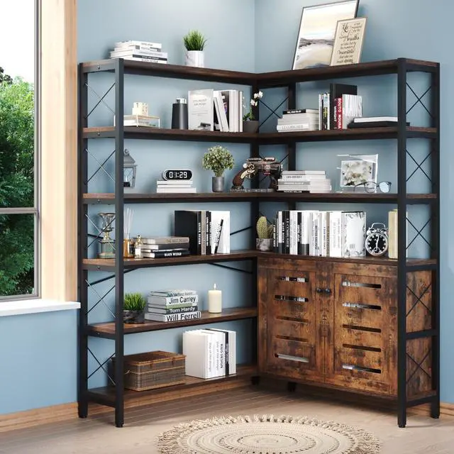 Alt view image 2 of 7 - 6-Shelf Corner Bookshelf, Vintage Industrial Corner Shelf Etagere Bookcase, Large Book Shelf with Metal Frame Open Storage Corner Cabinet (Brown-Lockers, Large)
