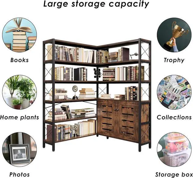 Alt view image 7 of 7 - 6-Shelf Corner Bookshelf, Vintage Industrial Corner Shelf Etagere Bookcase, Large Book Shelf with Metal Frame Open Storage Corner Cabinet (Brown-Lockers, Large)