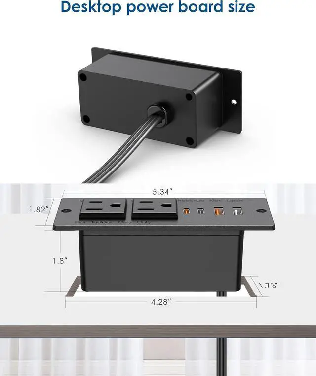 Alt view image 6 of 7 - Recessed Power Strip with 30W USB C,Ultra Thin Flat Plug Power Strip,2 Outlets 4 USB Ports,Furniture Flush Mount Desk Outlet,Recessed Outlet for Side Table/Sofa Table,6ft Cord (Black)