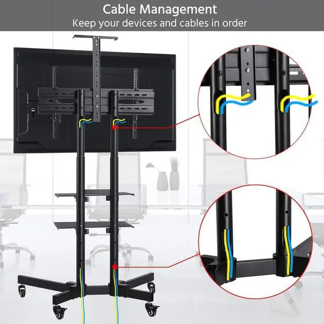 Alt view image 4 of 7 - Mobile TV Stand, Adjustable Rolling TV Cart w/Locking Wheels for 32-75" LCD LED Plasma Flat Panel Screen TV up to 110LB, Portable TV Cart Stand w/Flexible Laptop Shelf, Max. VESA 600x400