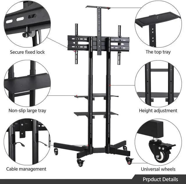 Alt view image 3 of 7 - Mobile TV Stand, Adjustable Rolling TV Cart w/Locking Wheels for 32-75" LCD LED Plasma Flat Panel Screen TV up to 110LB, Portable TV Cart Stand w/Flexible Laptop Shelf, Max. VESA 600x400