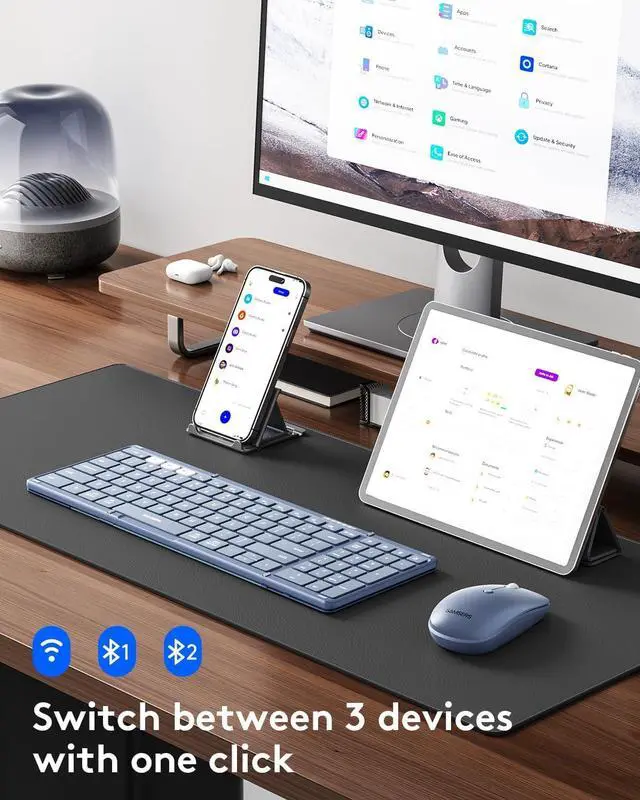 Alt view image 2 of 7 - Foldable Keyboard and Mouse, Folding Bluetooth Keyboard Combo, 2.4G + BT5.0 x 2, Full-Size Portable Travel Keyboard & Rechargeable Wireless Mouse for Windows Android iOS Mac OS, Blue