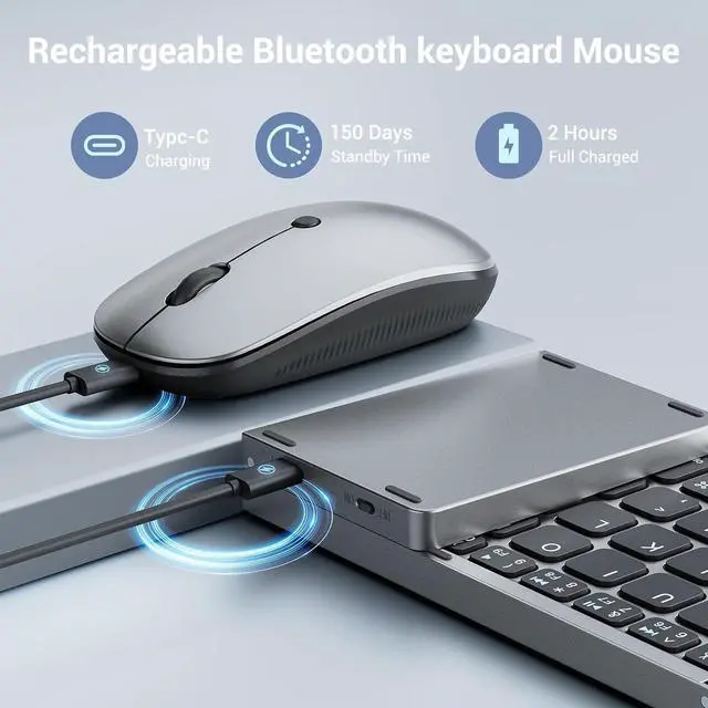 Alt view image 4 of 7 - Foldable Keyboard and Mouse for Laptop, Travel Bluetooth Folding Keyboard Mouse with Portable Case, Rechargeable Keyboard for Business, 2.4G Wireless & Bluetooth, for iPad Tablets Laptop iOS AndroGrey