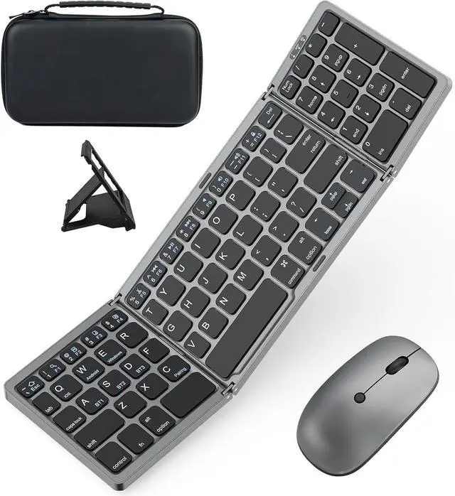 Main image of Foldable Keyboard and Mouse for Laptop, Travel Bluetooth Folding Keyboard Mouse with Portable Case, Rechargeable Keyboard for Business, 2.4G Wireless & Bluetooth, for iPad Tablets Laptop iOS AndroGrey