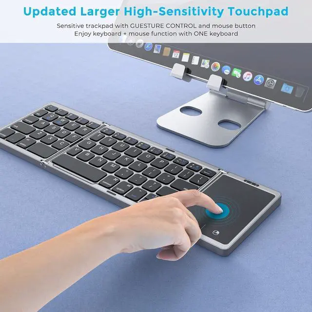 Alt view image 5 of 7 - Foldable Bluetooth Keyboard for Travel, Tri-Folding Wireless Portable Keyboard with Touchpad, Rechargeable Multi-Device Small Keyboard, for Laptop Tablet PC Smartphone Windows iOS Android,Grey