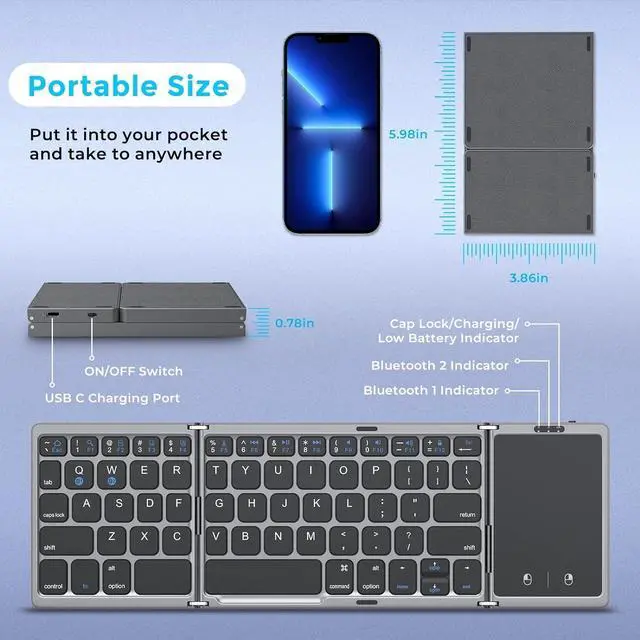 Alt view image 3 of 7 - Foldable Bluetooth Keyboard for Travel, Tri-Folding Wireless Portable Keyboard with Touchpad, Rechargeable Multi-Device Small Keyboard, for Laptop Tablet PC Smartphone Windows iOS Android,Grey