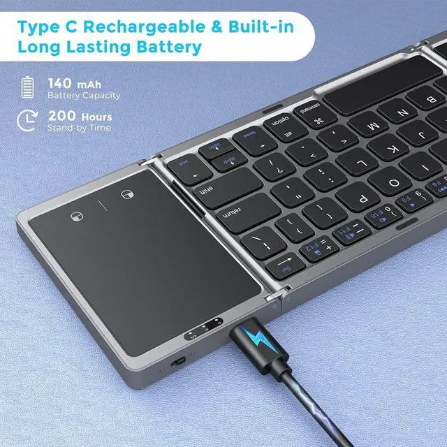 Alt view image 6 of 7 - Foldable Bluetooth Keyboard for Travel, Tri-Folding Wireless Portable Keyboard with Touchpad, Rechargeable Multi-Device Small Keyboard, for Laptop Tablet PC Smartphone Windows iOS Android,Grey