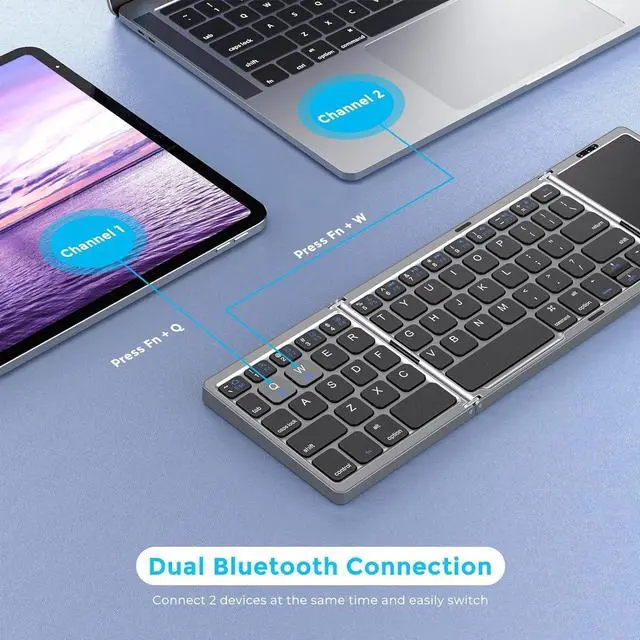 Alt view image 2 of 7 - Foldable Bluetooth Keyboard for Travel, Tri-Folding Wireless Portable Keyboard with Touchpad, Rechargeable Multi-Device Small Keyboard, for Laptop Tablet PC Smartphone Windows iOS Android,Grey