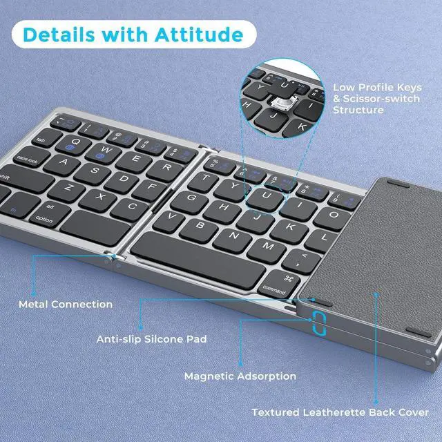 Alt view image 7 of 7 - Foldable Bluetooth Keyboard for Travel, Tri-Folding Wireless Portable Keyboard with Touchpad, Rechargeable Multi-Device Small Keyboard, for Laptop Tablet PC Smartphone Windows iOS Android,Grey