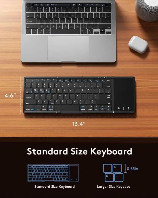 Alt view image 4 of 7 - Foldable Bluetooth Keyboard with Touchpad, Full-Size Wireless Folding Portable Travel Keyboard for iOS Android Windows Mac OS, Support 3 Devices (BT5.1 x 3), Black