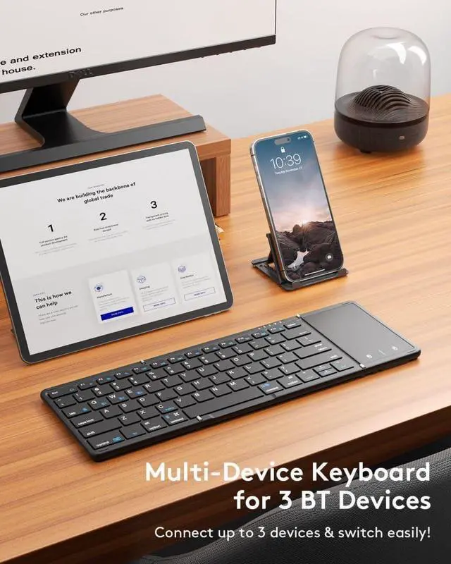 Alt view image 2 of 7 - Foldable Bluetooth Keyboard with Touchpad, Full-Size Wireless Folding Portable Travel Keyboard for iOS Android Windows Mac OS, Support 3 Devices (BT5.1 x 3), Black