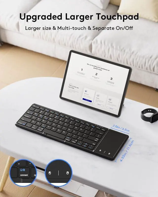 Alt view image 3 of 7 - Foldable Bluetooth Keyboard with Touchpad, Full-Size Wireless Folding Portable Travel Keyboard for iOS Android Windows Mac OS, Support 3 Devices (BT5.1 x 3), Black