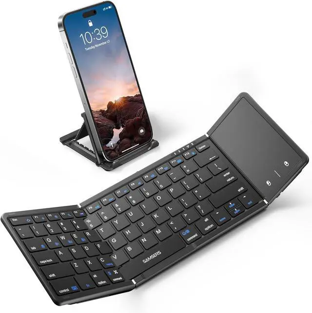 Main image of Foldable Bluetooth Keyboard with Touchpad, Full-Size Wireless Folding Portable Travel Keyboard for iOS Android Windows Mac OS, Support 3 Devices (BT5.1 x 3), Black