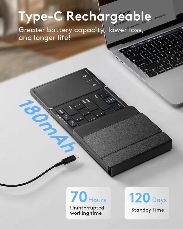 Alt view image 5 of 7 - Foldable Bluetooth Keyboard with Touchpad, Full-Size Wireless Folding Portable Travel Keyboard for iOS Android Windows Mac OS, Support 3 Devices (BT5.1 x 3), Black