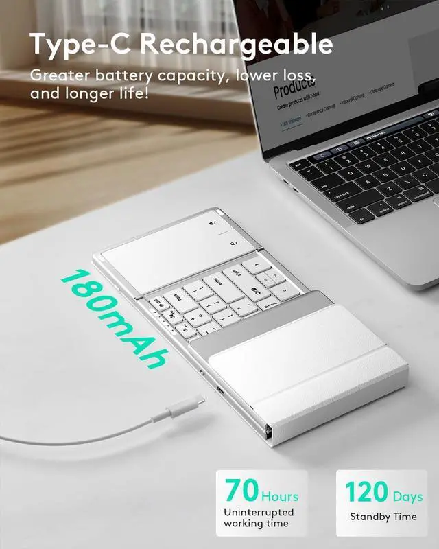 Alt view image 4 of 7 - Foldable Bluetooth Keyboard with Touchpad, Full-Size Wireless Folding Keyboard with PU Leather, Portable Travel for iOS Android Windows Mac OS, Support 3 Devices (BT5.1 x 3), Silver